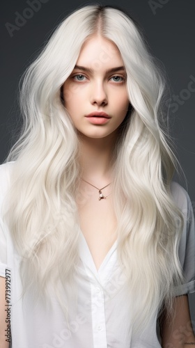 Woman With Long White Hair in White Shirt © Amir