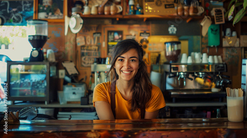 A smiling young woman working in a coffee shop.