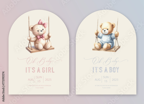 Cute baby shower watercolor invitation card for baby and kids new born celebration. Its a girl, Its a boy card with plush toy teddy bear rides on a swing.