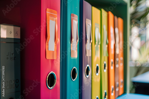 A row of colorful office folders, organizing and categorizing documents in a professional setting photo