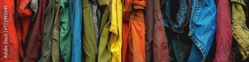 A colorful selection of jackets arranged side by side, showcasing a variety of hues