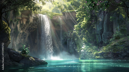 A cascading waterfall hidden deep within a lush forest, its crystal-clear waters tumbling gracefully into a tranquil pool below.