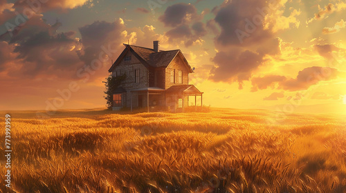 A charming country farmhouse surrounded by fields of golden wheat, its weathered facade bathed in the warm glow of the setting sun.