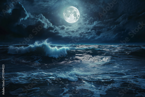 Painting depicting a full moon shining brightly over a vast and reflective ocean photo