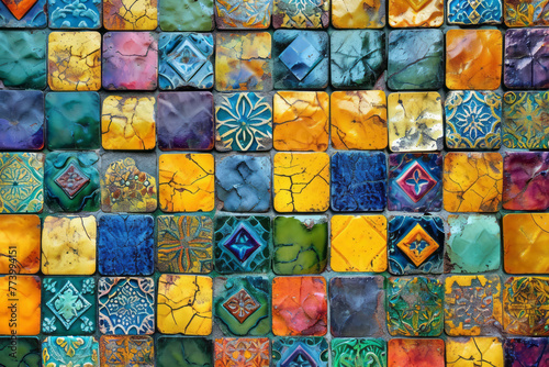 A detailed view of a vibrant and diverse tile wall with a variety of colors and patterns