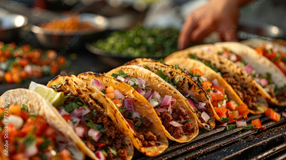 Fototapeta premium Mexican Street Tacos: A dynamic shot of street tacos being prepared, showcasing the flavors and authenticity of Mexican street food.