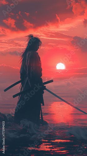 A samurai with katana standing along the shoreline bathed in the warm glow of the setting sun