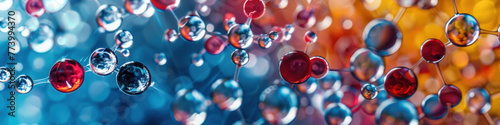A myriad of translucent balls in red and blue hues float with a bokeh effect