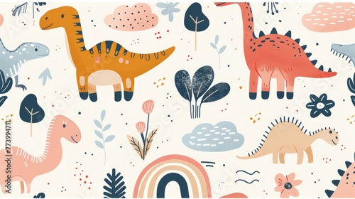A cute kawaii design with dinosaurs  clouds  flowers  trees  rainbows and dinosaur patterns. Minimalistic illustration style similar to Crayon doodle drawing artwork