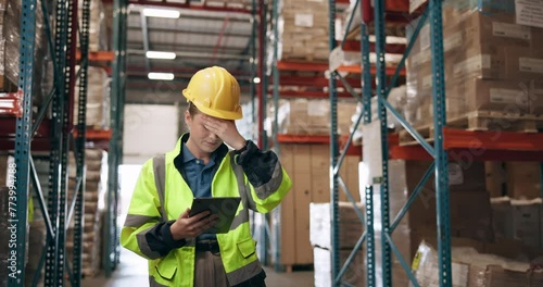 Stress, warehouse and woman with tablet for logistics, online planning or inspection for inventory. Digital app, anxiety and girl in factory for quality control, deadline checklist or problem solving photo