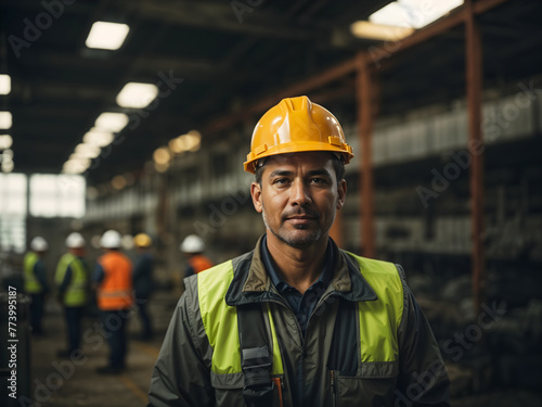 Portrait of a male worker in an orange hard hat and security yellow vest inside a warehouse with other workers in the background