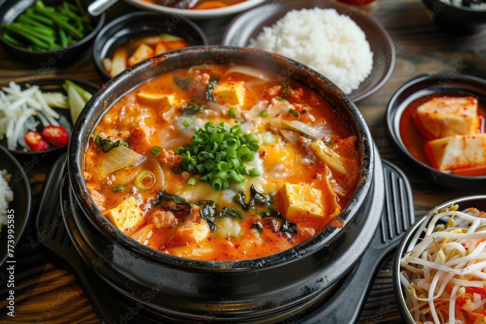 Korean dish with bibimbap noodles in a black deep plate on light background. Ingredients, meat, mushrooms, vegetables. Korean dish with bibimbap noodles in a black deep plate on light background. Ingredients, meat, mushrooms, vegetables.