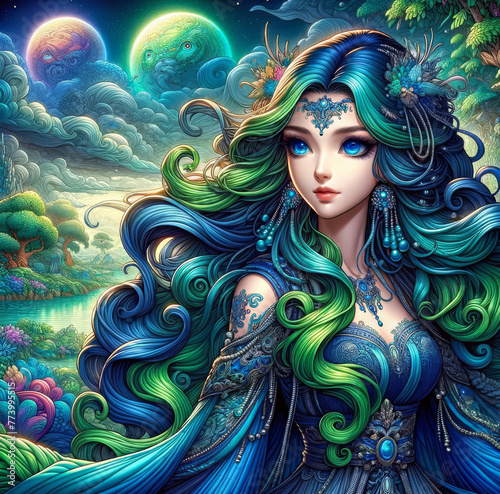 Dama fantasy con tonalità di smeraldo e zaffiro in un paesaggio celestiale mistico. Generative AI photo