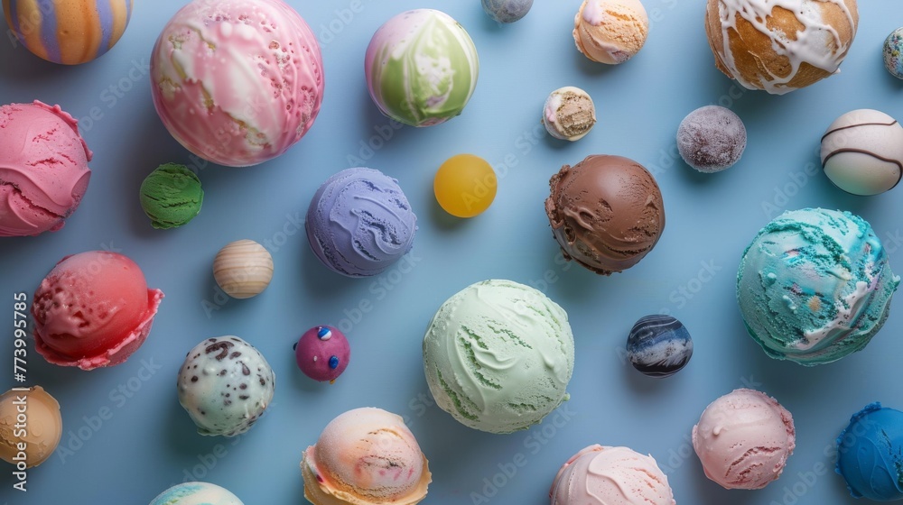 Top view of colorful ice cream balls and chocolate balls on blue background Top view of colorful ice cream balls and chocolate balls on blue background