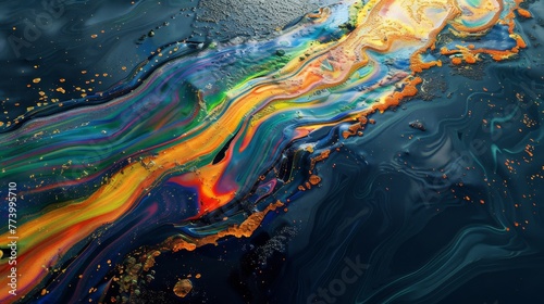 Abstract representation of a colorful oil slick on the surface of water, showing a vibrant combination of colors and textures