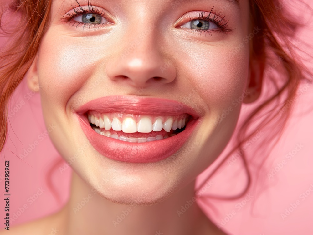 Patient smiling confidently, displaying healthy white teeth after adental treatment Patient smiling confidently, displaying healthy white teeth after adental treatment
