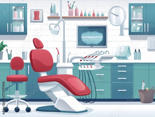 Illustration of a professional dentist office interior with chair and equipment
