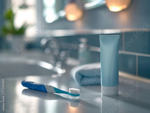 Toothbrush and toothpaste on bathroom sink, essential tools for oral care, dental hygiene routine concept photo