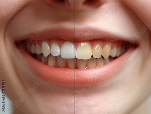 Before and after images of a person's smile transformation through whitening cosmetic dental procedures