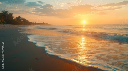 Sunrise at a Tropical Beach: A serene image of a tranquil beach at sunrise, featuring gentle waves, palm trees, and a colorful sky, perfect for relaxation themes.