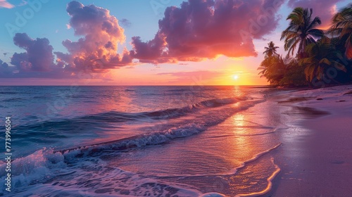 Sunrise at a Tropical Beach: A serene image of a tranquil beach at sunrise, featuring gentle waves, palm trees, and a colorful sky, perfect for relaxation themes.