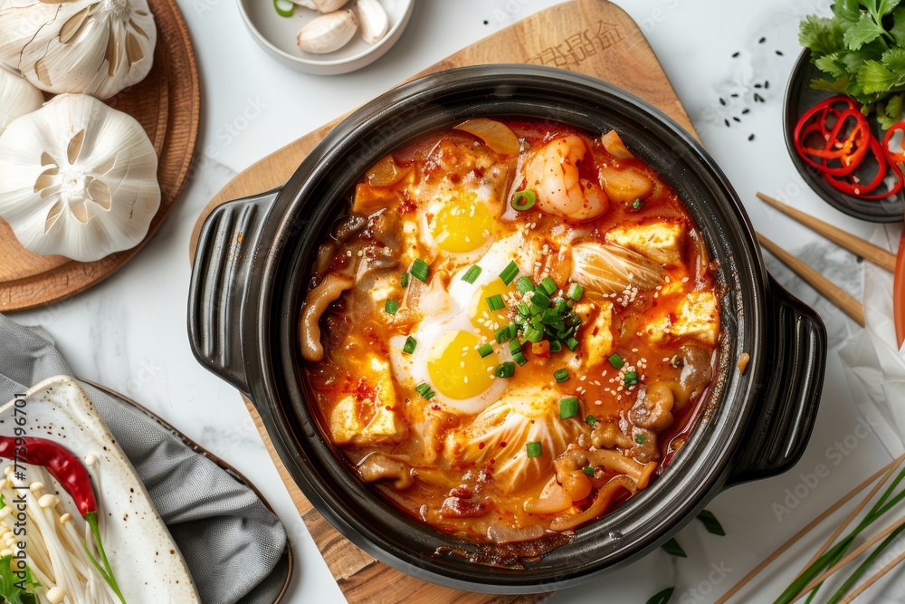 Korean dish with bibimbap noodles in a black deep plate on white background. Ingredients, egg, noodles, enoki mushrooms, vegetables. Top view Korean dish with bibimbap noodles in a black deep plate on white background. Ingredients, egg, noodles, enoki mushrooms, vegetables. Top view