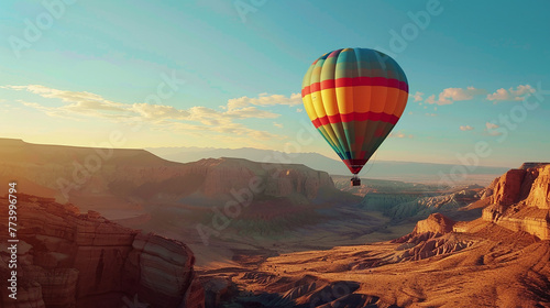 A colorful hot air balloon drifting gracefully across a clear blue sky, its vibrant hues contrasting beautifully with the rugged terrain below.