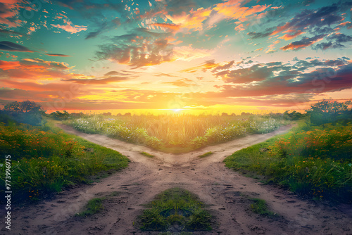 Concept of decision or choice with crossroads in a countryside