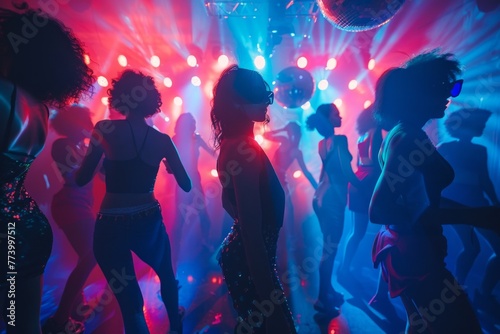 Retro Dance Party with Vintage Silhouettes and Disco Ball Backdrop