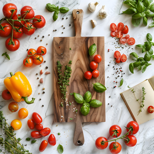 Preparation of Fresh Seasonal Vegetables for a Gourmet Recipe on Bright Marble Kitchen Counter