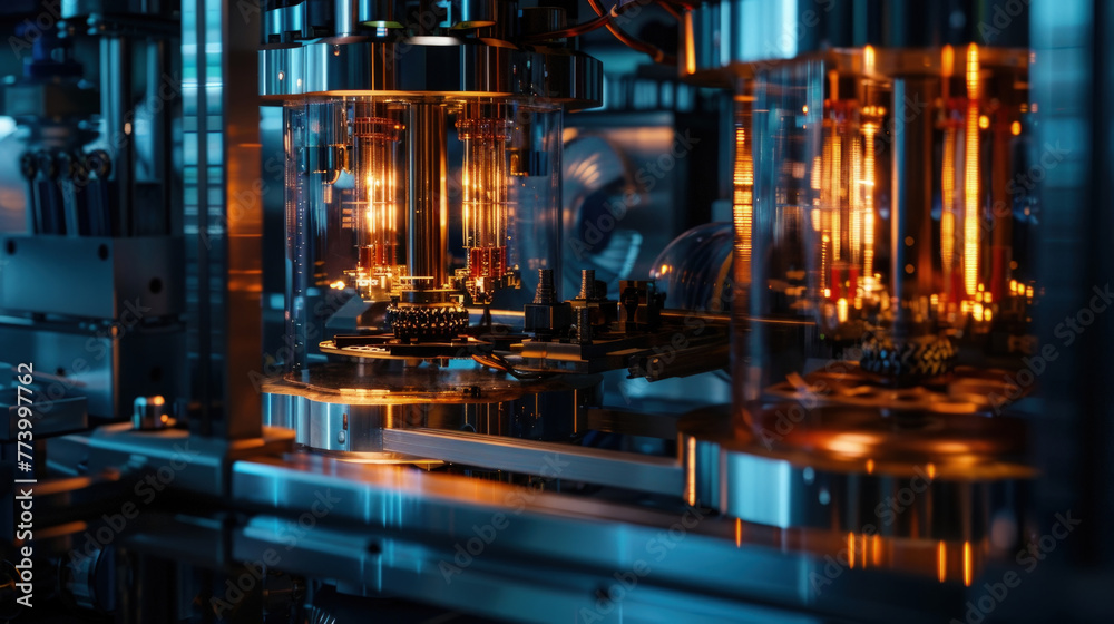 A detailed view of a machine with various lights shining on its surface, showcasing intricate details and technology A detailed view of a machine with various lights shining on its surface, showcasing intricate details and technology