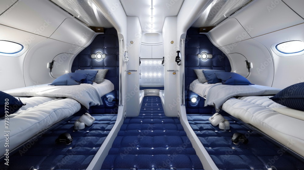A view inside a luxurious airplane cabin featuring comfortable beds and soft pillows for passengers to rest during long flights