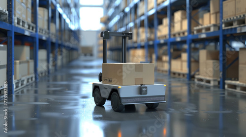A forklift vehicle maneuvering with a box on its prongs inside a large industrial warehouse, surrounded by shelves and storage units photo