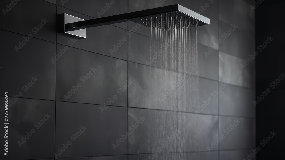 Obraz premium Zoom sur un pommeau de douche allumé, dans une douche au carrelage gris anthracite. Eau chaude qui coule, jet, goutte d'eau, buée. Salle de bain, salle d'eau. Architecture moderne et contemporain. 