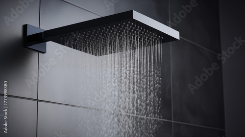 Zoom sur un pommeau de douche allumé, dans une douche au carrelage gris anthracite. Eau chaude qui coule, jet, goutte d'eau, buée. Salle de bain, salle d'eau. Architecture moderne et contemporain.  photo