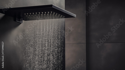 Zoom sur un pommeau de douche allumé, dans une douche au carrelage gris anthracite. Eau chaude qui coule, jet, goutte d'eau, buée. Salle de bain, salle d'eau. Architecture moderne et contemporain. 