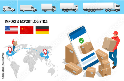 Isometric Shipping, Logistic Systems, Cargo transport. Cargo Truck transportation, delivery, boxes. Fast delivery or logistic transport. Delivery and shipping business cargo truck.