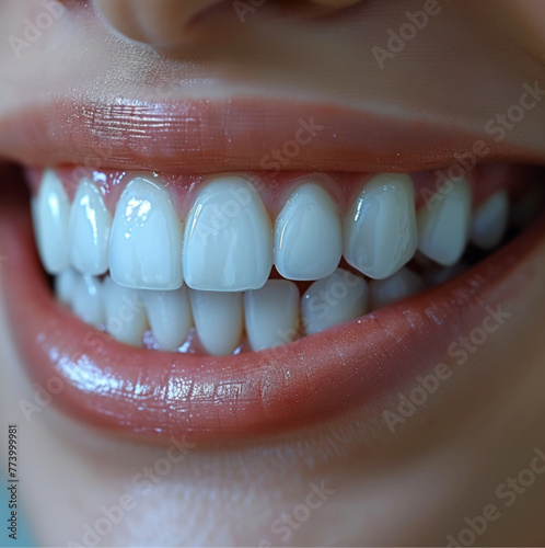 Close-up photo of a person smiling with healthy, white teeth on a white background. a small, blue dental model with braces on the side.  photo