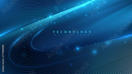 Abstract background depicting a blue digital wave made of particle dots, representing data flow or network communication technology. Vector illustration.