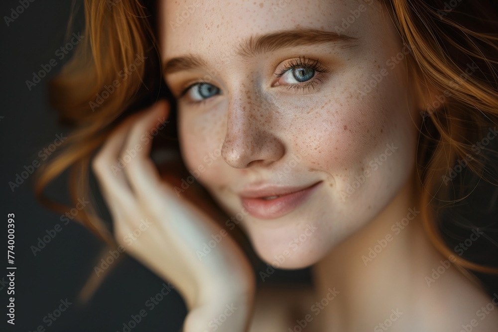 A Caucasian woman with flawless skin and a radiant smile gently touching her cheek.