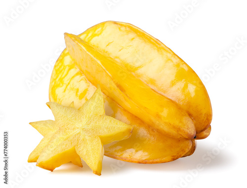 Carambola fruit and star pieces close-up on a white. Isolated