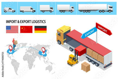 Isometric Shipping, Logistic Systems, Cargo transport. Cargo Truck transportation, delivery, boxes. Fast delivery or logistic transport. Delivery and shipping business cargo truck.