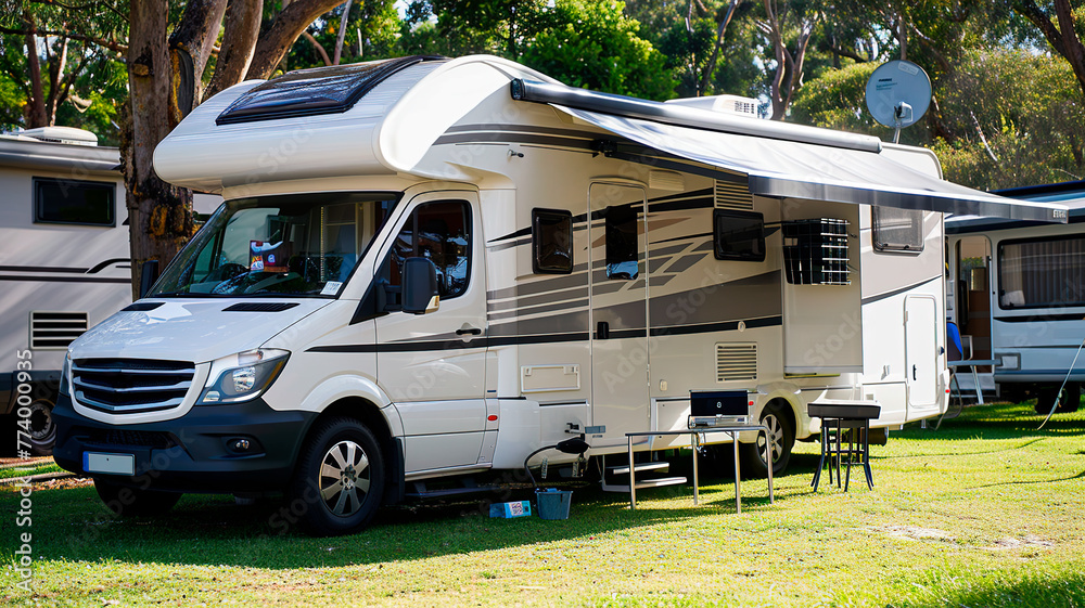 RV camping in the middle of the forest campsite RV camping in the middle of the forest campsite