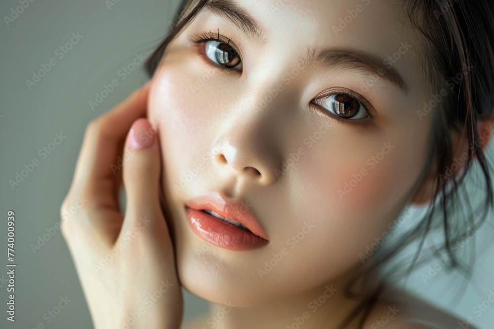 A serene Asian woman showcasing skincare routine A serene Asian woman showcasing skincare routine