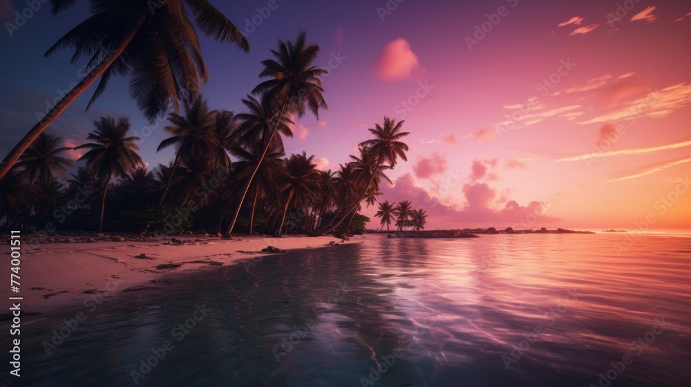 A beautiful sunset over a beach with palm trees