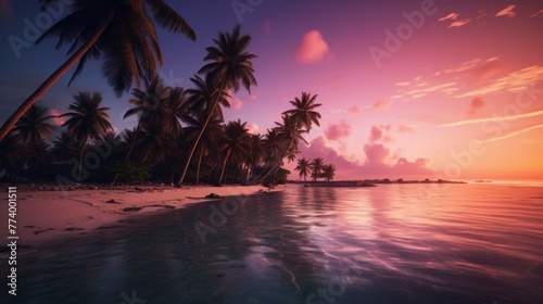 A beautiful sunset over a beach with palm trees