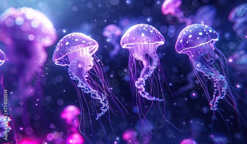 Glowing jellyfish against a dark blue underwater backdrop. The concept of marine life and bioluminescence. © volga
