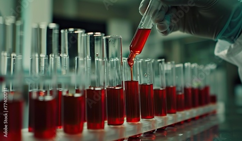 Laboratory with test tubes filled with red liquid. The concept of scientific research.