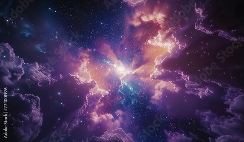 Magnificent cosmic cloud with a bright center and stars on a purple background. The concept of infinity and the power of cosmos. photo