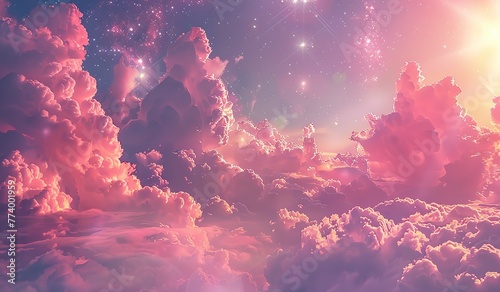 Pink cloud with shining stars and light effects. The concept of tenderness and cosmic fantasy.